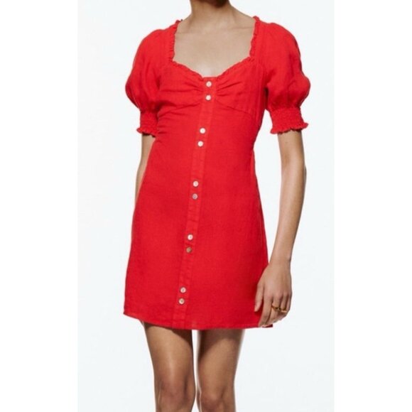 Zara Dresses & Skirts - Zara Linen Red Mini Linen Puff Sleeve Dress Medium Button Stretch Waist Party